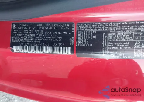 2003 BMW 330Ci из США, поврежденный, VIN WBABS53443JU98097